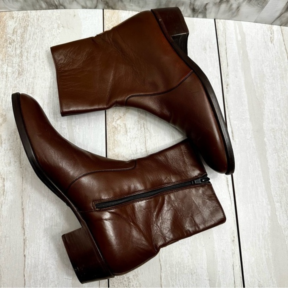 Men Classic Warm Brown Leather Resoled Office Side Zip Dress Boots Stacked Heel